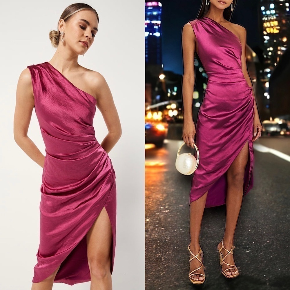 NWT ELLIATT 70s Satin Sleeveless 1 Shoulder Ruched Faux Wrap Asymmetric Dress M